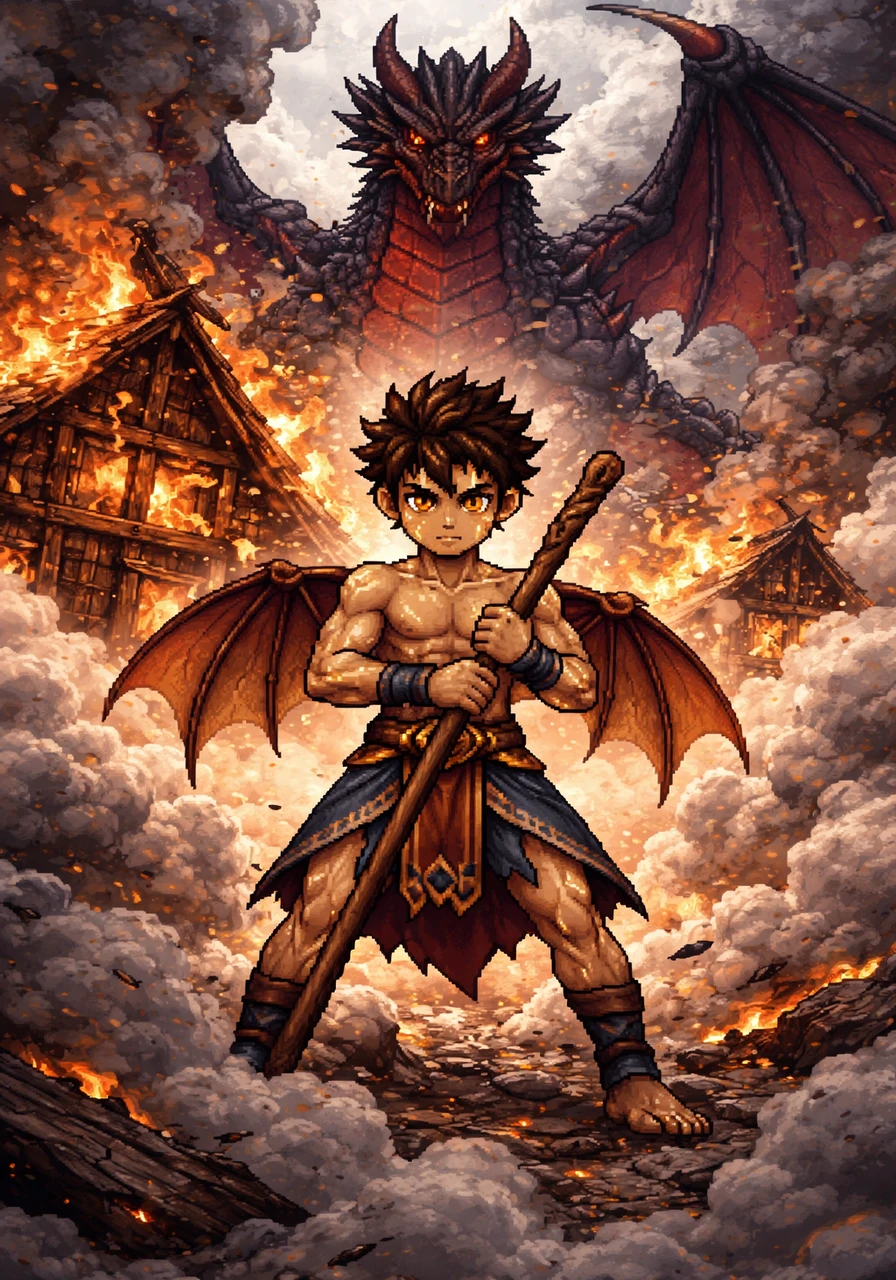 Leo stands amidst the smoke, his eyes filled with determination as he watches his friend’s home crumble. He grips a wooden staff tightly, swearing that he will not let the dragon destroy anything else.