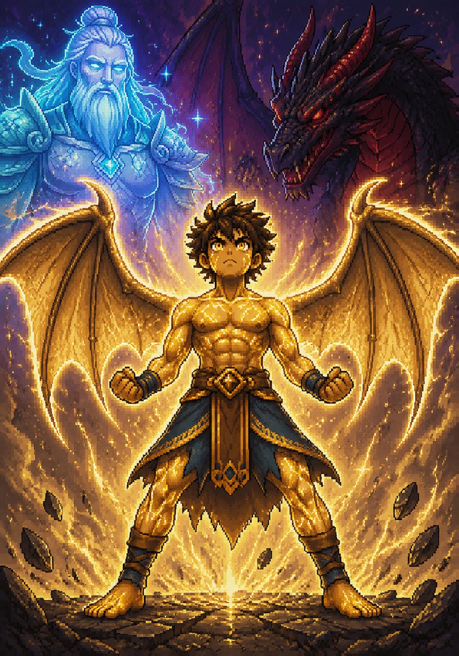 Suddenly, Leo's skin glows with an ancient light, and powerful wings sprout from his back as his muscles surge with newfound strength. He feels a connection to a power he never knew existed, transforming him into a true warrior.
