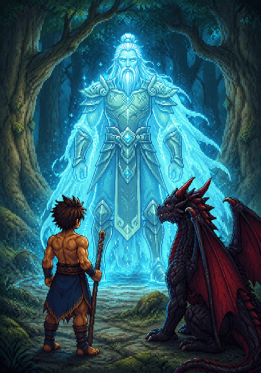 Deep within the woods, a shimmering spectral figure appears, standing tall among the ancient oaks. It is an ancestor from long ago, draped in ethereal armor and radiating a calm, protective energy.