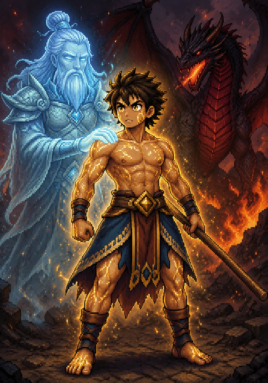 The ancestor places a translucent hand on Leo’s shoulder, whispering that the strength of a thousand generations flows through his veins. Leo realizes he is not fighting this battle alone, and his spirit burns brighter than the dragon’s fire.