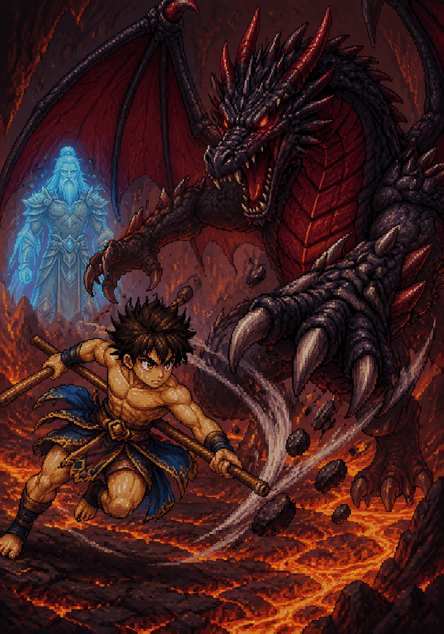 Leo reaches the dragon’s volcanic lair and launches an immediate attack, clashing against the beast’s obsidian scales. The dragon roars in fury, swiping its massive claws as Leo dodges with incredible speed and agility.