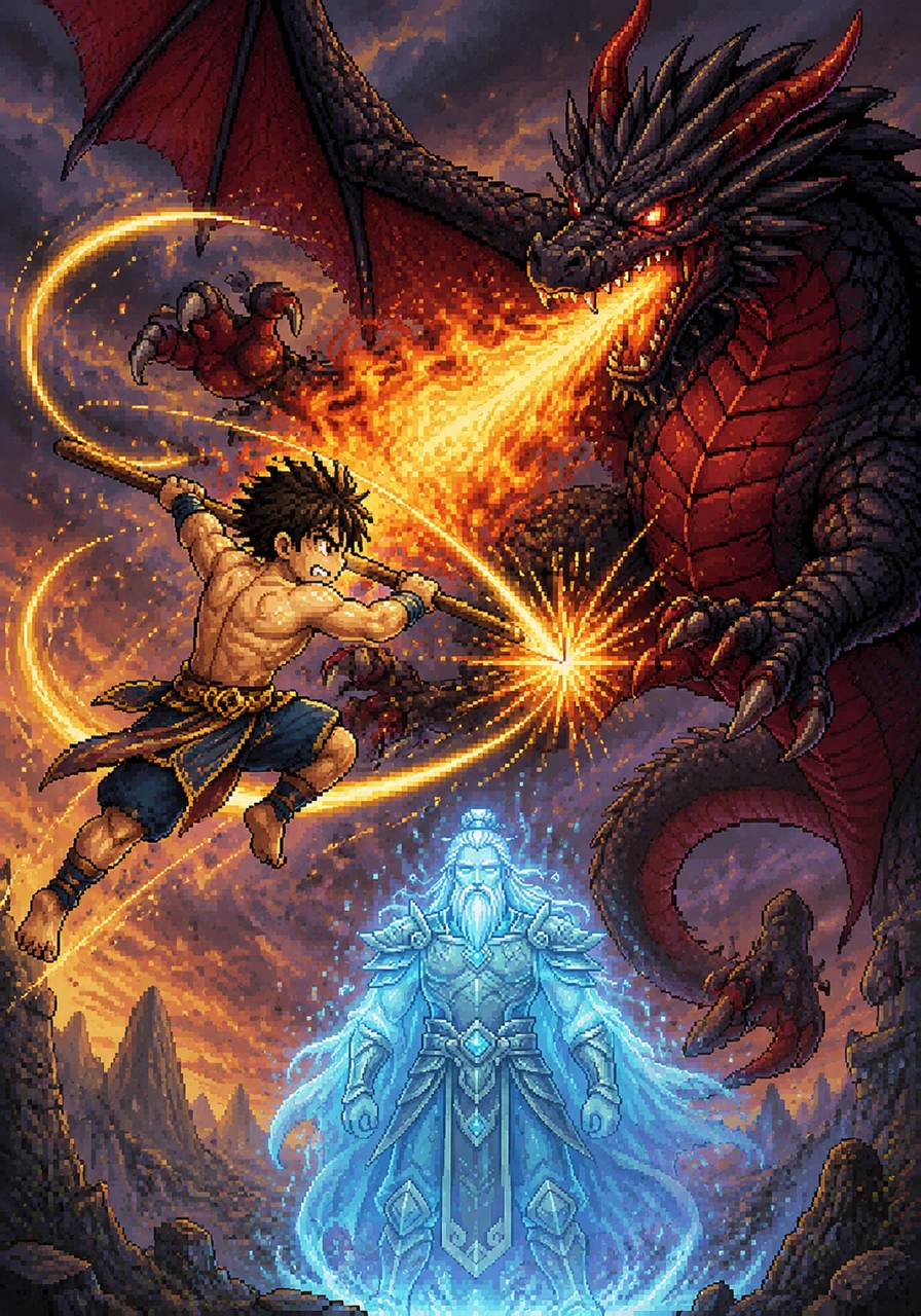 The battle rages back and forth, with Leo delivering powerful strikes and the dragon countering with bursts of searing heat. They dance through the air in a chaotic blur of scales, feathers, and brilliant sparks.