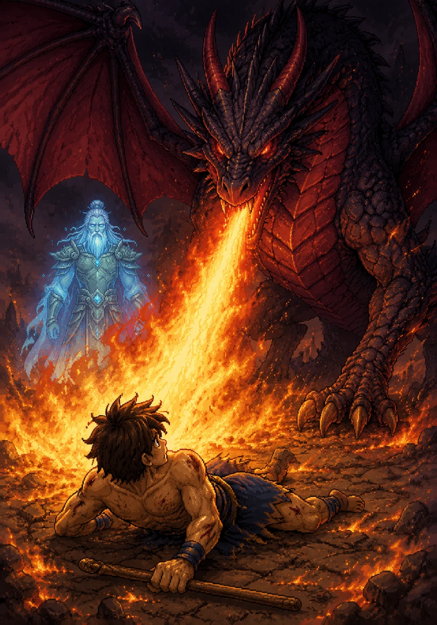 The dragon releases a devastating blast of fire that knocks Leo to the scorched earth, pinning him down under its heavy gaze. Just as the beast prepares its final, lethal breath, Leo looks up with a flicker of hope still in his eyes.