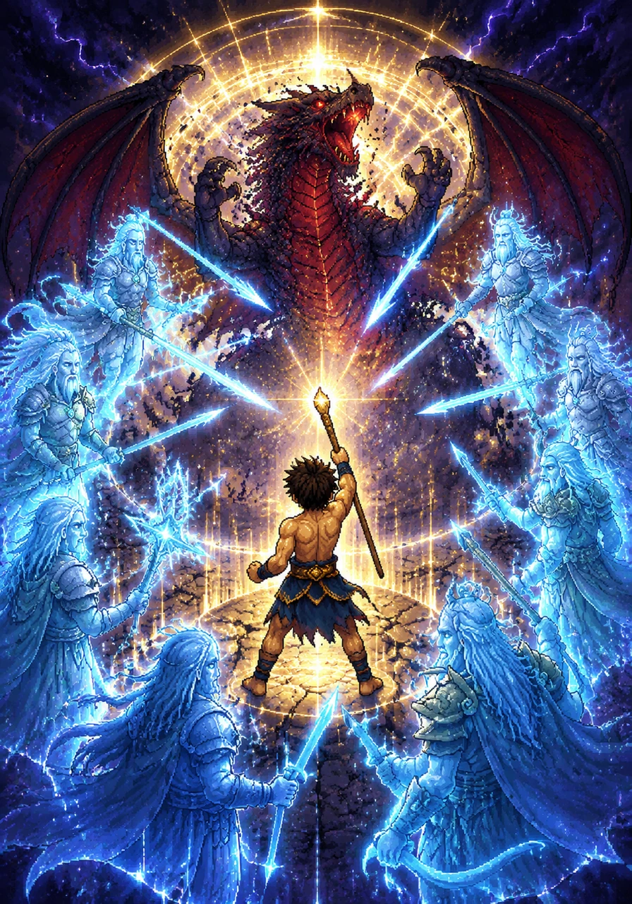 A legion of glowing ancestor spirits suddenly emerges from the shadows, surrounding the dragon in a circle of celestial light. Together with Leo, they unleash a final surge of power that banishes the dragon and restores peace to the land.