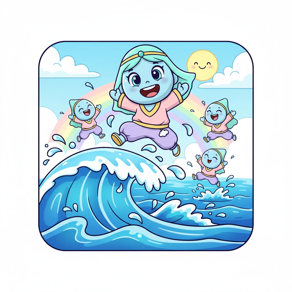 كان يا مكان، في بحر أزرق واسع، عاشت قطرة ماء صغيرة ومبتهجة اسمها ندى. كانت ندى تحب اللعب مع أخواتها القطرات، يتقافزن مع الأمواج ويضحكن مع كل رشة.