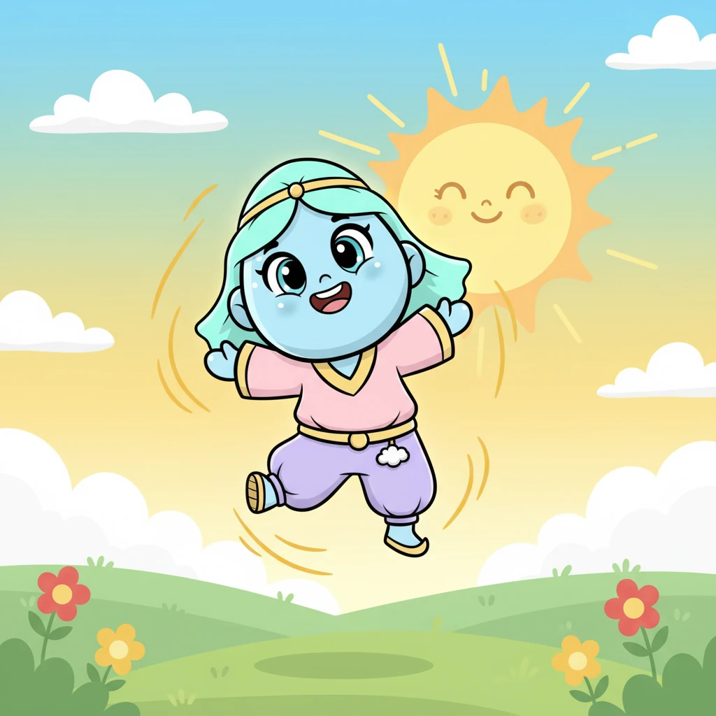 في صباح مشرق، شعرت ندى بدفء الشمس الذهبي يلامسها برفق. بدأت تشعر بخفة غريبة، كأنها تستعد لرقصة جديدة في الهواء، وابتسمت الشمس لها بلطف.