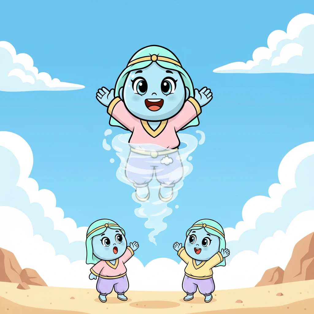 تحولت ندى ببطء إلى بخار خفيف، تصعد بلطف نحو السماء الزرقاء الواسعة. كانت تلوح لأخواتها في الأسفل، متحمسة لمغامرتها الجديدة في الأعالي.