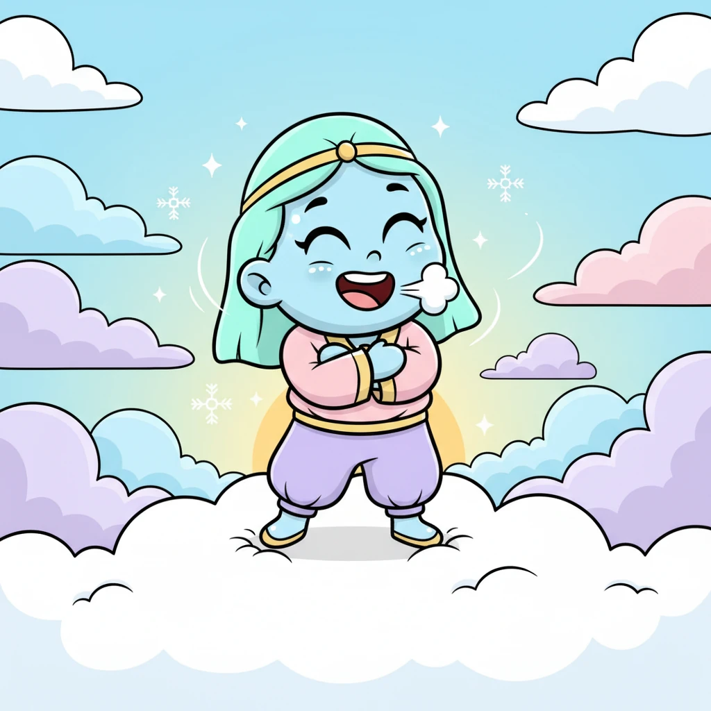 وصلت ندى إلى السماء، وهناك شعرت ببرودة مفاجئة جعلتها ترتعش قليلاً من المرح. قالت بضحكة مرحة: "يا إلهي، الجو بارد جدًا هنا!"، لكنها كانت سعيدة بالمنظر الرائع.