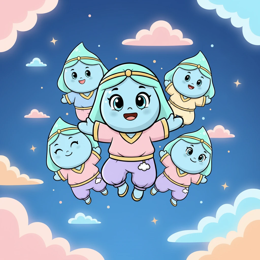 لم تكن ندى وحدها، فقد التقت بالعديد من قطرات البخار الأخرى التي صعدت معها. قرروا جميعًا أن يتجمعوا ويتقاربوا ليتدفأوا سويًا في الفضاء الشاسع.