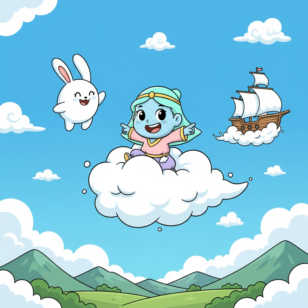 طافت السحابة في السماء، تسبح وتمرح فوق الجبال والوديان الخضراء. كانت ندى وأصدقاؤها يتنافسون في صنع أشكال مضحكة في السماء، مثل أرنب أو سفينة كبيرة.