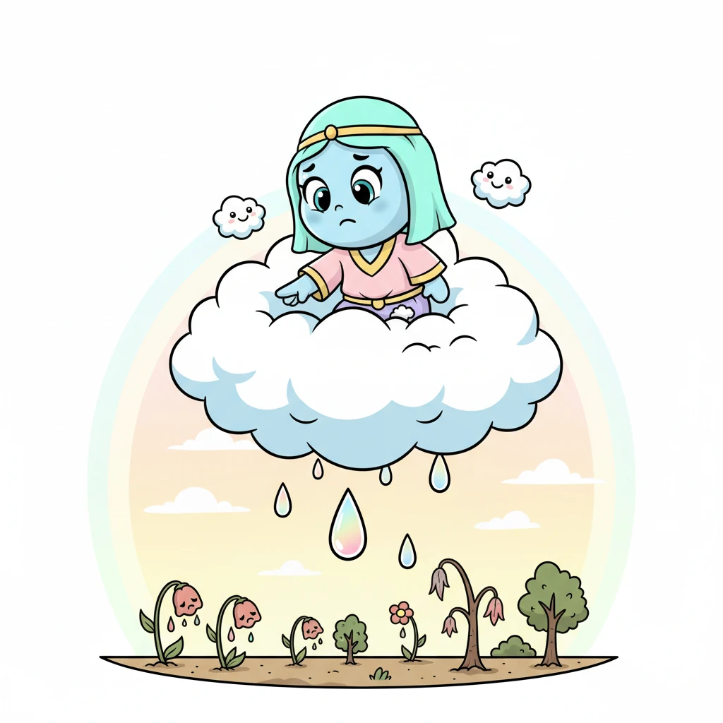 بعد فترة من اللعب والمرح، شعرت السحابة بثقل خفيف، ونظرت ندى إلى الأسفل لترى الزهور والأشجار عطشى. قررت هي وأصدقاؤها أن الوقت قد حان لمساعدة الأرض.