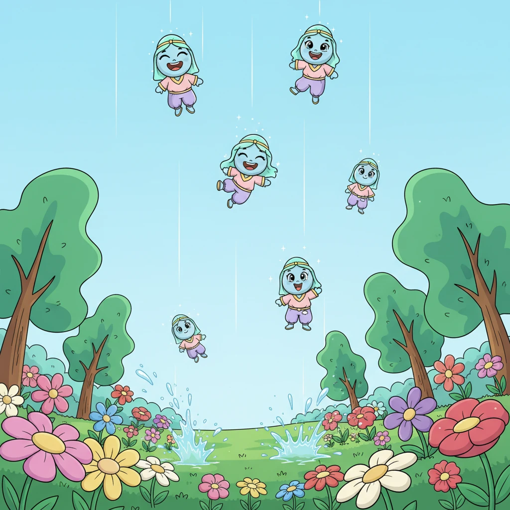 بدأت ندى وأصدقاؤها يهطلون كقطرات مطر منعشة، تسقي الزهور الملونة والأشجار الخضراء العالية. ملأت الفرحة قلوبهم وهم يرون الحياة تدب في كل مكان أسفلهم.