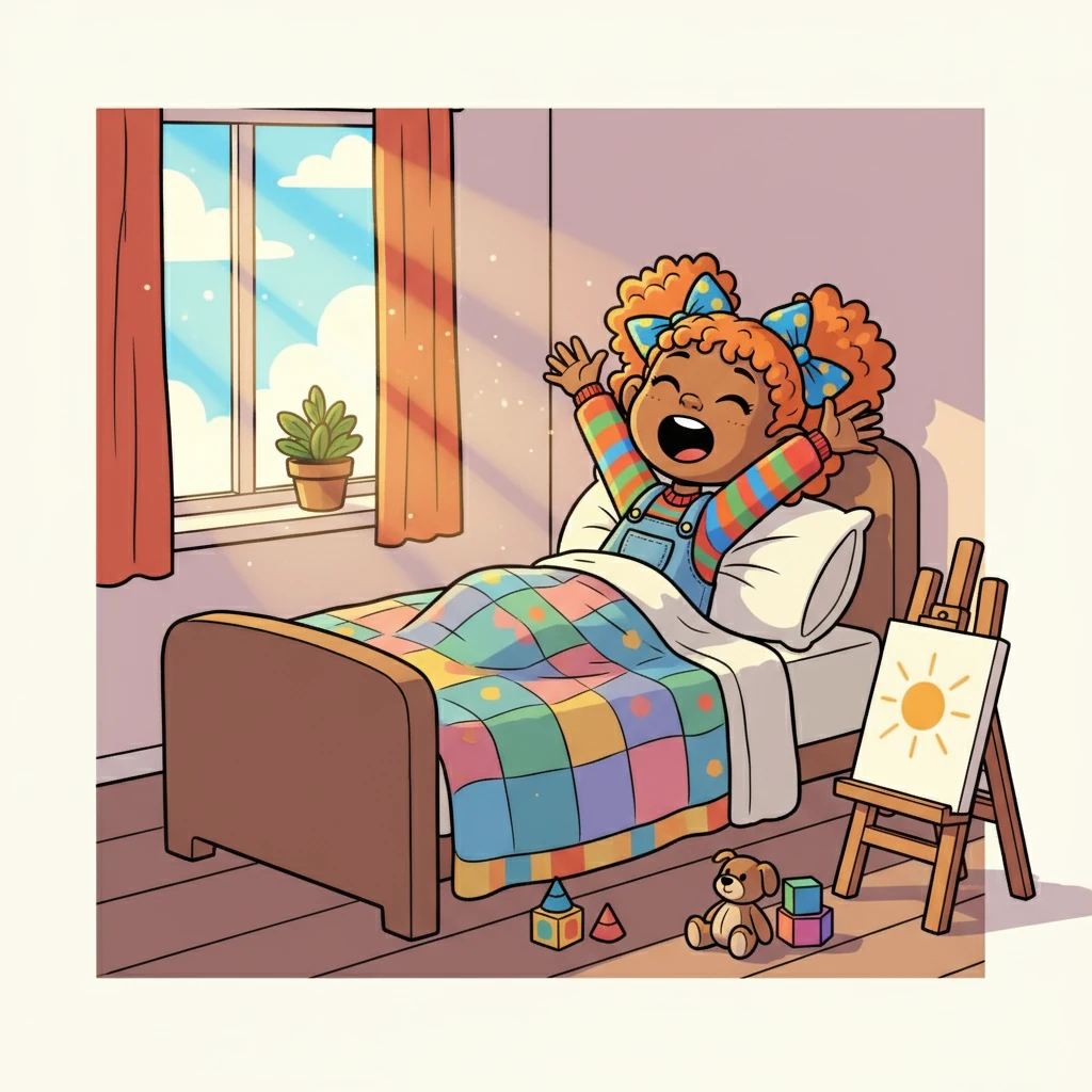 The sun peeked through Poppy's window, painting her room in warm, golden light. Poppy stretched, yawned, and slowly opened her eyes, ready for a brand new day. A cheerful smile spread across her face as she thought about all the exciting things to come.