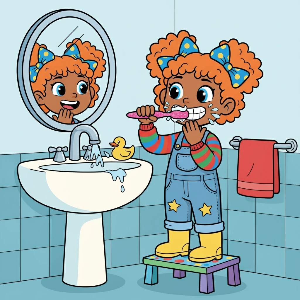 First things first, Poppy hopped out of bed and tiptoed to the bathroom. She brushed her teeth with a sparkly pink toothbrush, making sure every single tooth was squeaky clean. Then, she splashed water on her face, feeling fresh and awake.