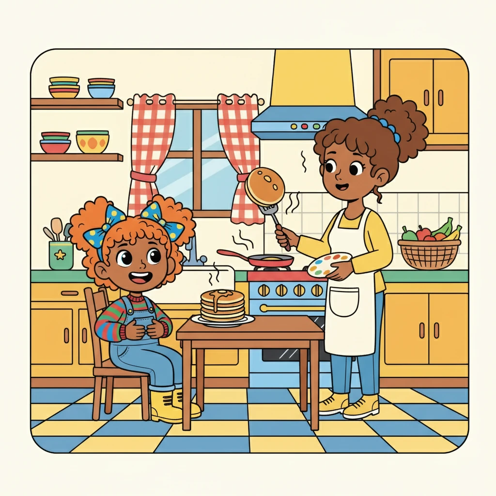 Next, Poppy went downstairs to the kitchen, where the delicious smell of pancakes filled the air. Her mom was already at the stove, flipping golden pancakes with a big smile. Poppy sat down at the table and waited patiently, her tummy rumbling with anticipation.