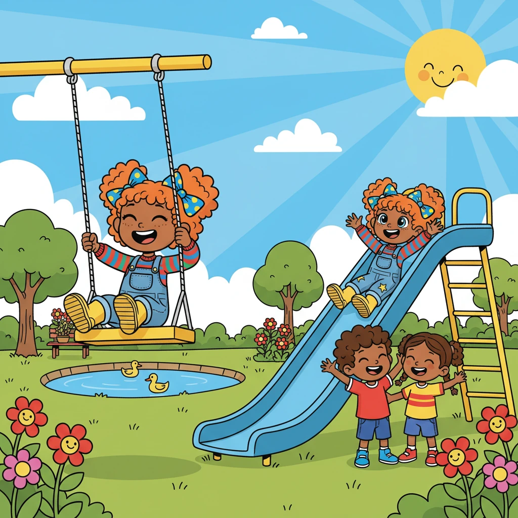 Poppy loved playtime! She spent the morning in the park, swinging high on the swings and sliding down the slippery slide. She laughed with her friends, sharing giggles and making new memories under the bright blue sky.