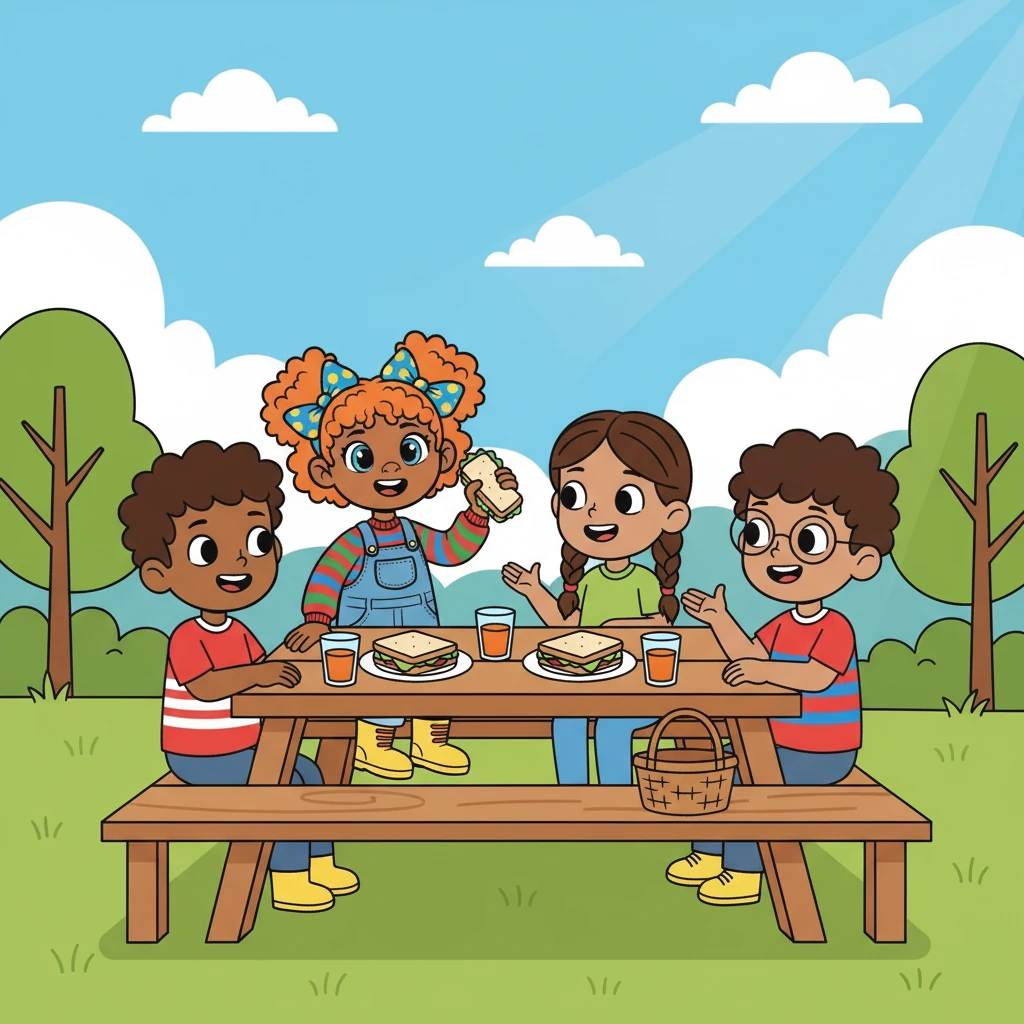 Lunchtime meant a tasty sandwich and a refreshing glass of juice. Poppy sat at the picnic table with her friends, enjoying the sunshine and the company. They talked and laughed, sharing stories and dreams.