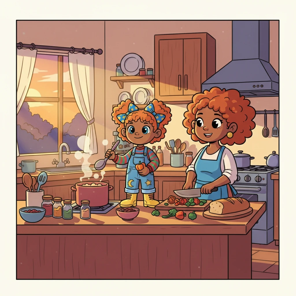 As the sun began to set, Poppy helped her mom prepare dinner. They chopped vegetables, stirred the pot, and talked about their day. The kitchen was filled with the happy sounds of cooking and conversation.