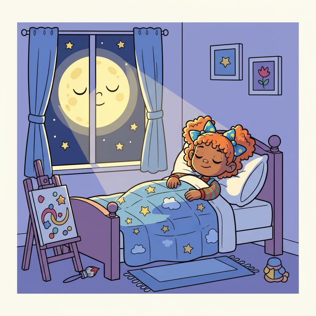 Finally, Poppy closed her eyes and drifted off to sleep, dreaming of all the fun she had. The moon shone through her window, watching over her as she slept peacefully, ready to wake up and do it all again tomorrow.