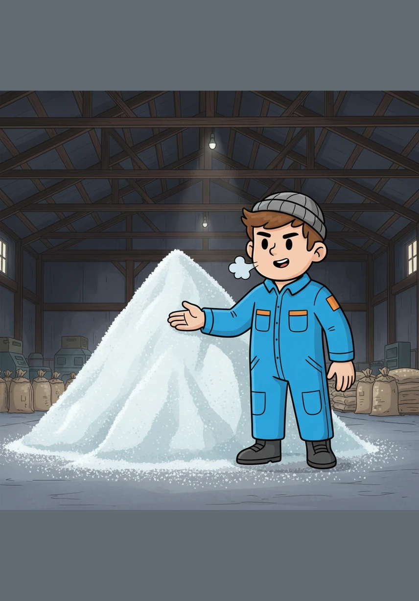 Sam stands in the vast, echoing salt warehouse, his breath misting in the cold air as he pats a massive mountain of white crystals. He knows there is enough to cover eighty inches of snowfall, a precious reserve for the long winter ahead.
