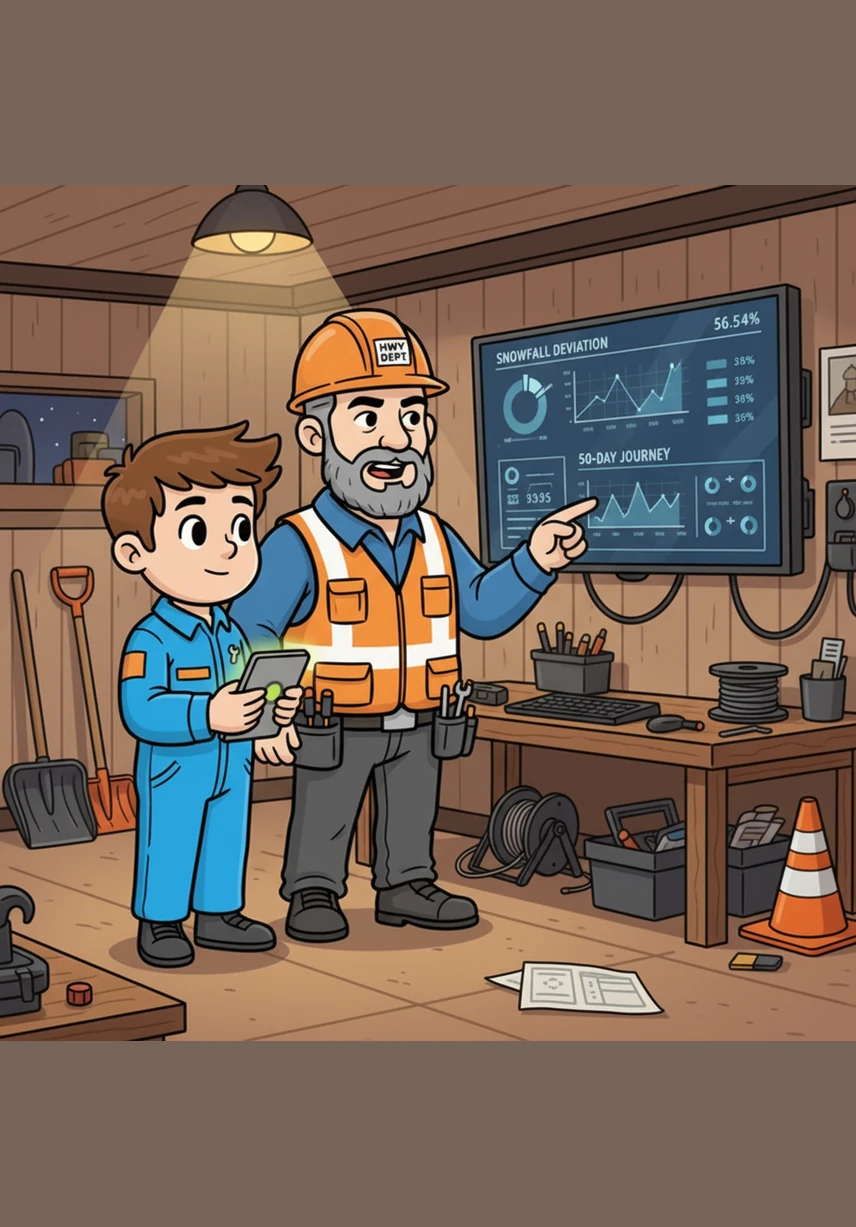 In the warm glow of the maintenance shed, Sam shows a young trainee how to track the standard deviation of the snowfall. He explains that even though the snow varies by just a fraction of an inch, those tiny differences add up over the long journey of fifty days.