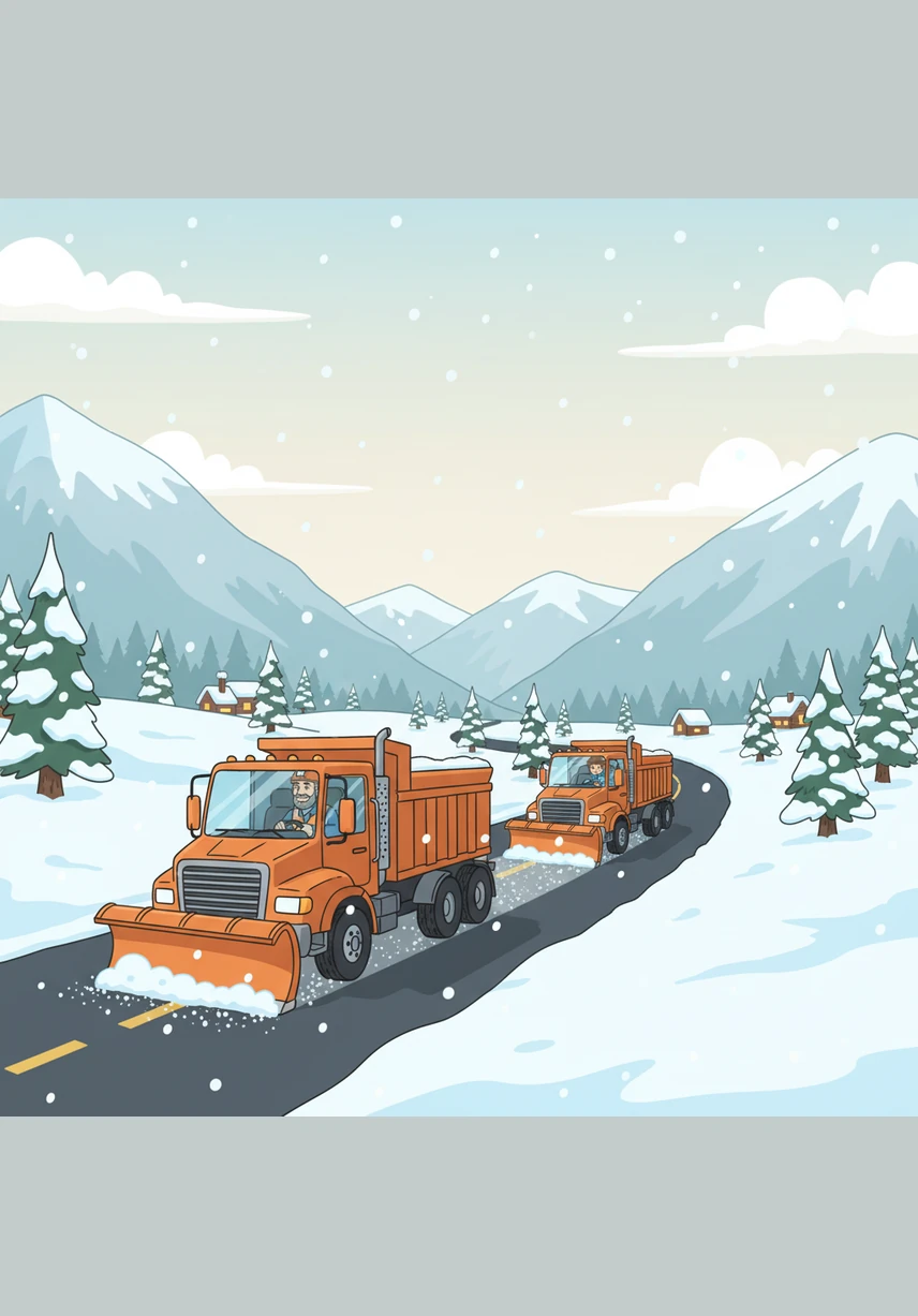 A week of steady, predictable snow blankets the valley in a peaceful white silence. The trucks hum along the roads, spreading the salt precisely where it's needed, keeping the mountain passes open for the townspeople.