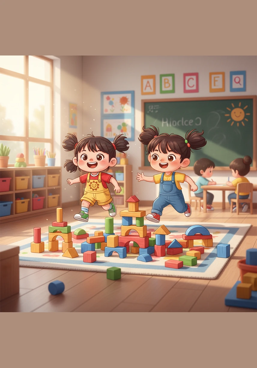 晨光洒进幼儿园的教室，小西和贝贝兴冲冲地跑向他们最喜欢的建构区。这里堆满了五颜六色的木质积木，正等待着两位小小建筑师去开启一场奇妙的冒险。