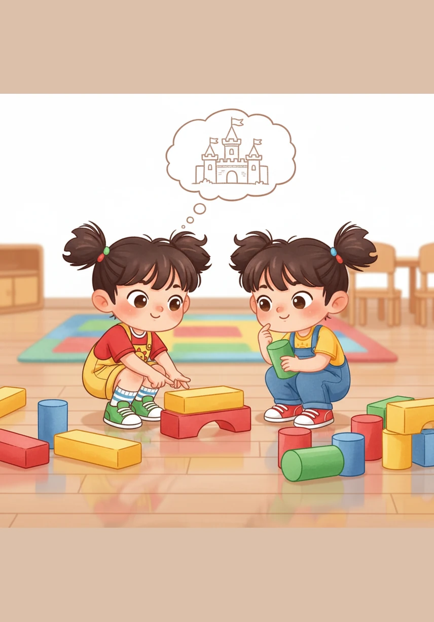 他们蹲在平整的地板上，商量着要建一座世界上最酷的城堡。小西负责挑选长长的方块做地基，贝贝则找来了许多圆柱体，准备用来搭建高耸的塔楼。