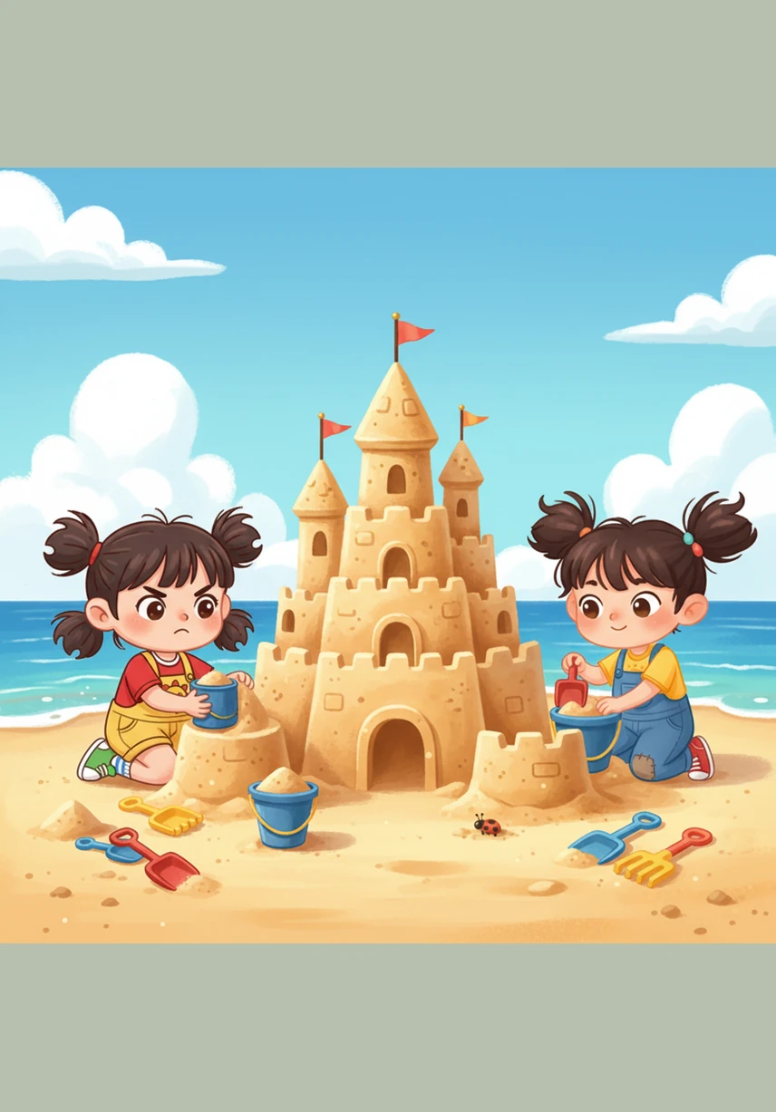 随着围墙渐渐升高，城堡的轮廓变得清晰起来。小西认真地堆叠着城墙，贝贝则在城门上方安放了一个漂亮的拱形积木，让城堡看起来非常威严。