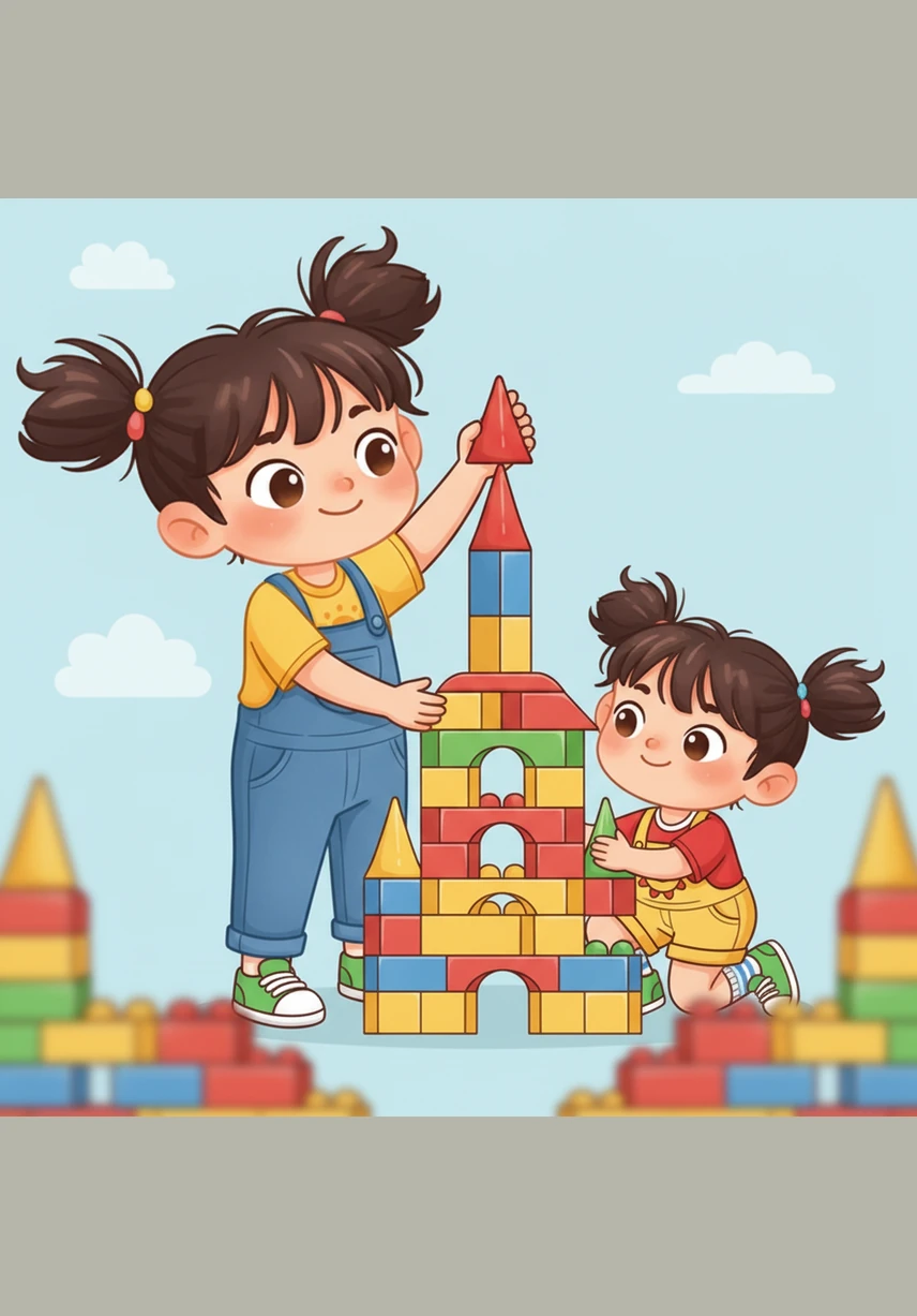 到了最关键的时刻，贝贝拿出了最漂亮的红色尖顶，准备安装在最高的主塔上。小西蹲在一旁屏住呼吸，帮他稳住底部的支柱，贝贝轻轻地将尖顶放了上去。