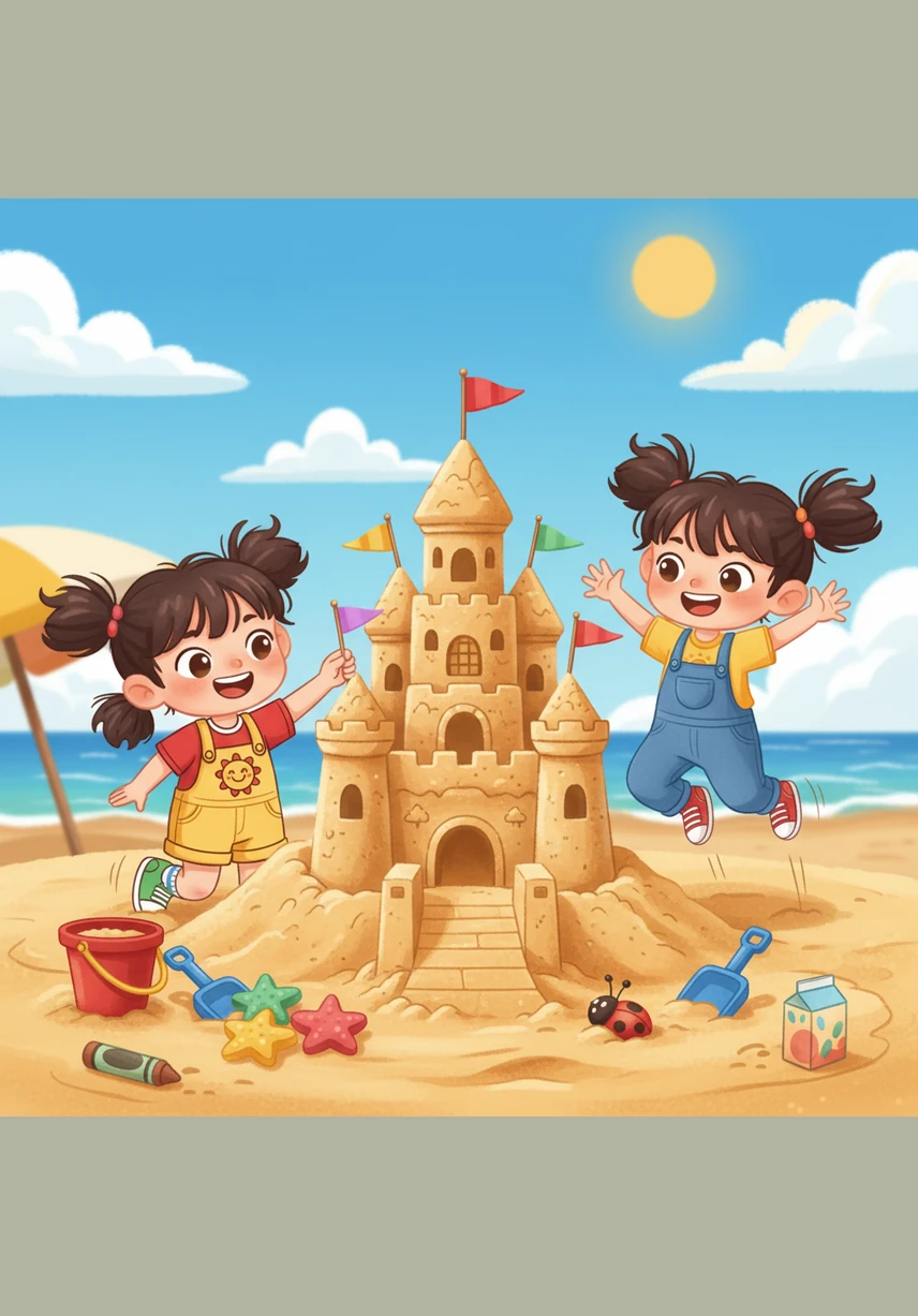 城堡大功告成了，他们又在城墙上插上了几面鲜艳的小旗子。几个塑料小人被神气地摆放在城门前，仿佛正在守护这座美丽的家园。