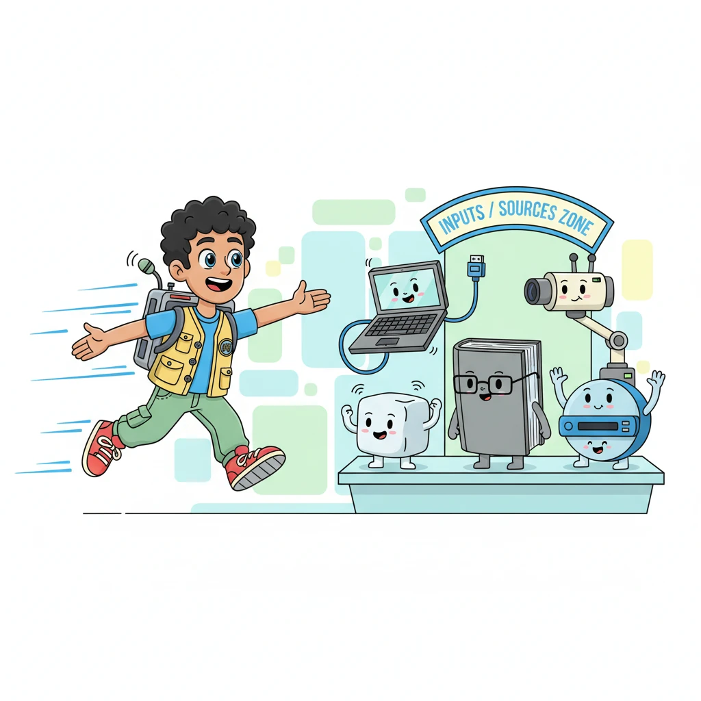 First, Sparky zips to the "INPUTS / SOURCES" zone. Here, friendly gadgets like Laptop HDMI/USB-C, a Wireless presentation gateway, a studious Lectern PC, a curious Document camera, and a Blu-ray / media player wave hello, eager to send their information. Each has a unique, simplified shape.