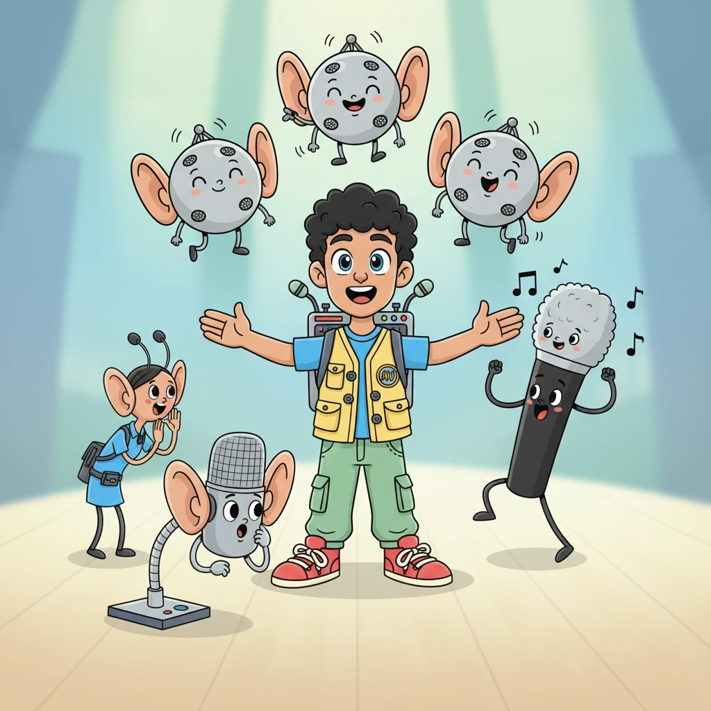 Next, Sparky meets the "MICROPHONES" team. A group of Ceiling array microphones floats above, a Wireless handheld microphone system sings, a Wireless lapel microphone system whispers, and a clever Gooseneck lectern microphone bends to listen. They all have big, expressive ears!