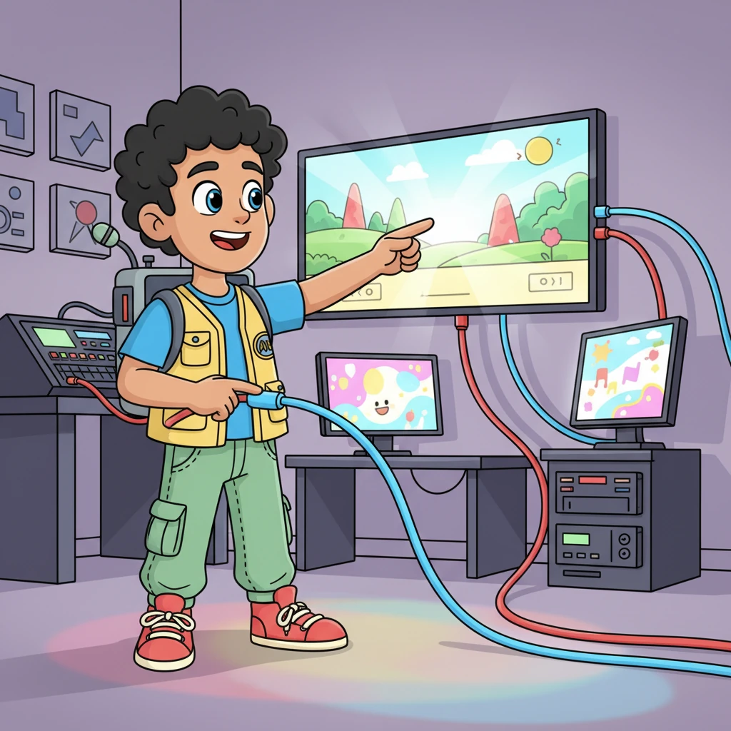From the switcher, video signals flow via "HDMI" to the "OUTPUTS" zone. Here, a grand Main display / projector and cheerful Secondary display(s) glow brightly, ready to show off vibrant pictures for everyone to see, filling the room with light.
