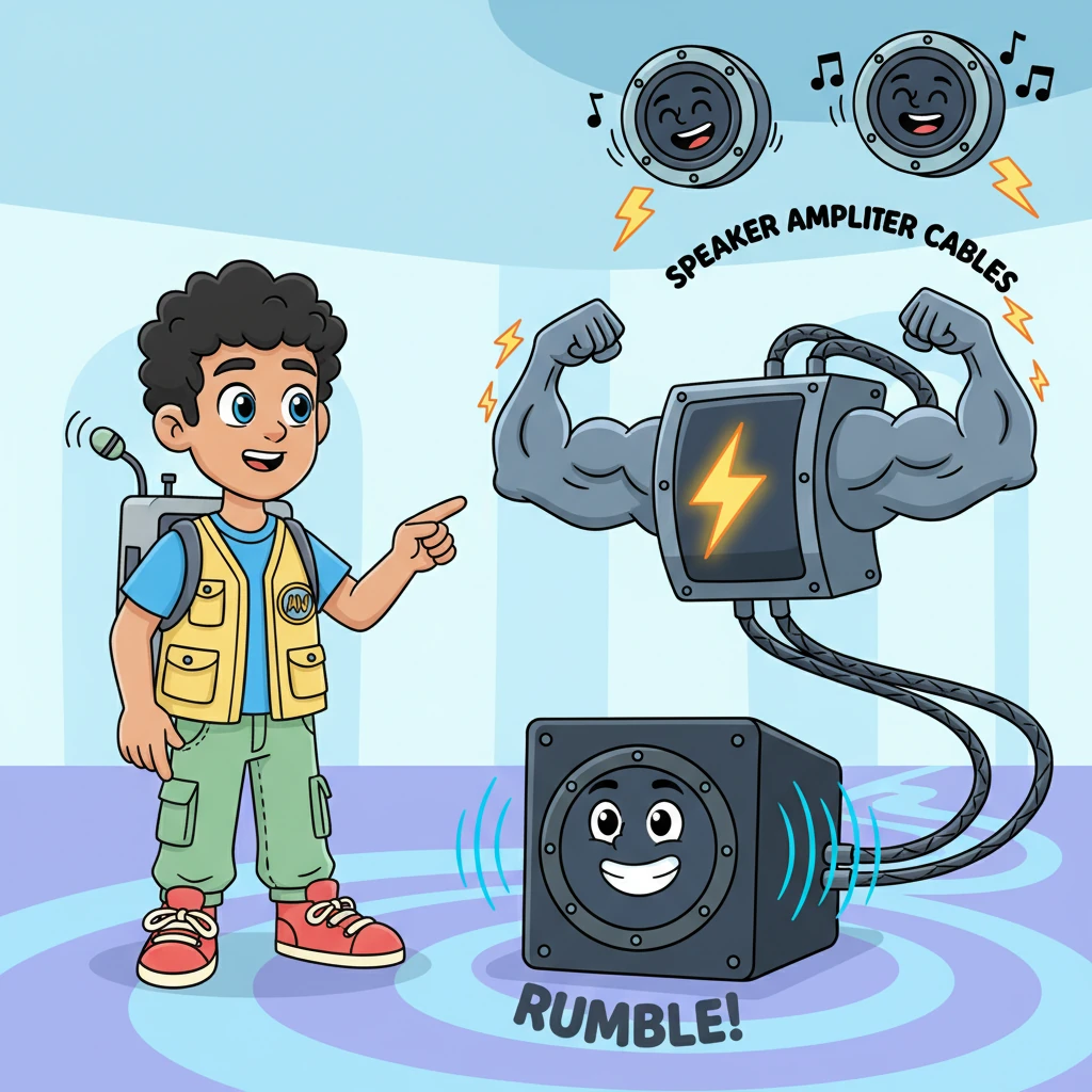Back in the audio path, Sparky sees the "AMPLIFICATION" zone. A super strong Power amplifier flexes its muscles, sending "Speaker cable" to the "LOUDSPEAKERS." Friendly Ceiling loudspeakers are singing, and a deep-voiced Subwoofer rumbles with joy, creating a rich soundscape.