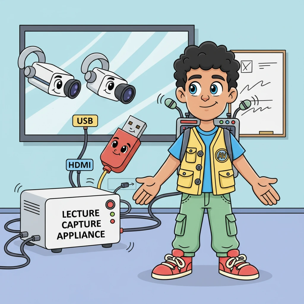 Sparky discovers the "LECTURE CAPTURE / UC" section. A diligent Lecture capture appliance is recording, while friendly PTZ cameras swivel and zoom, capturing all the important moments to share with the world via "USB" and "HDMI," ensuring no detail is missed.