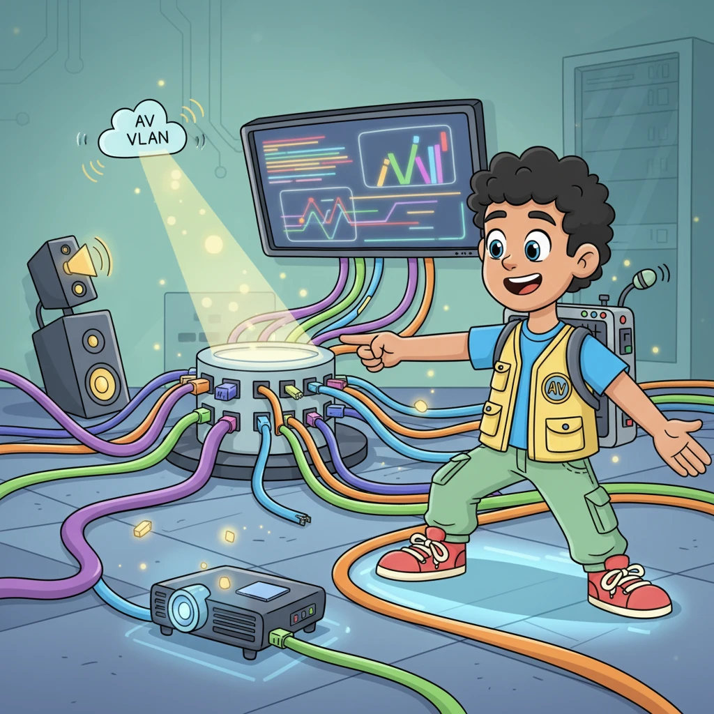 Finally, all the parts connect! Sparky sees "Ethernet" cables link to the Network switch, ensuring smooth communication for the "AV VLAN." The entire system hums with playful energy, a perfect symphony of sight and sound, all thanks to Sparky and the amazing blueprint!