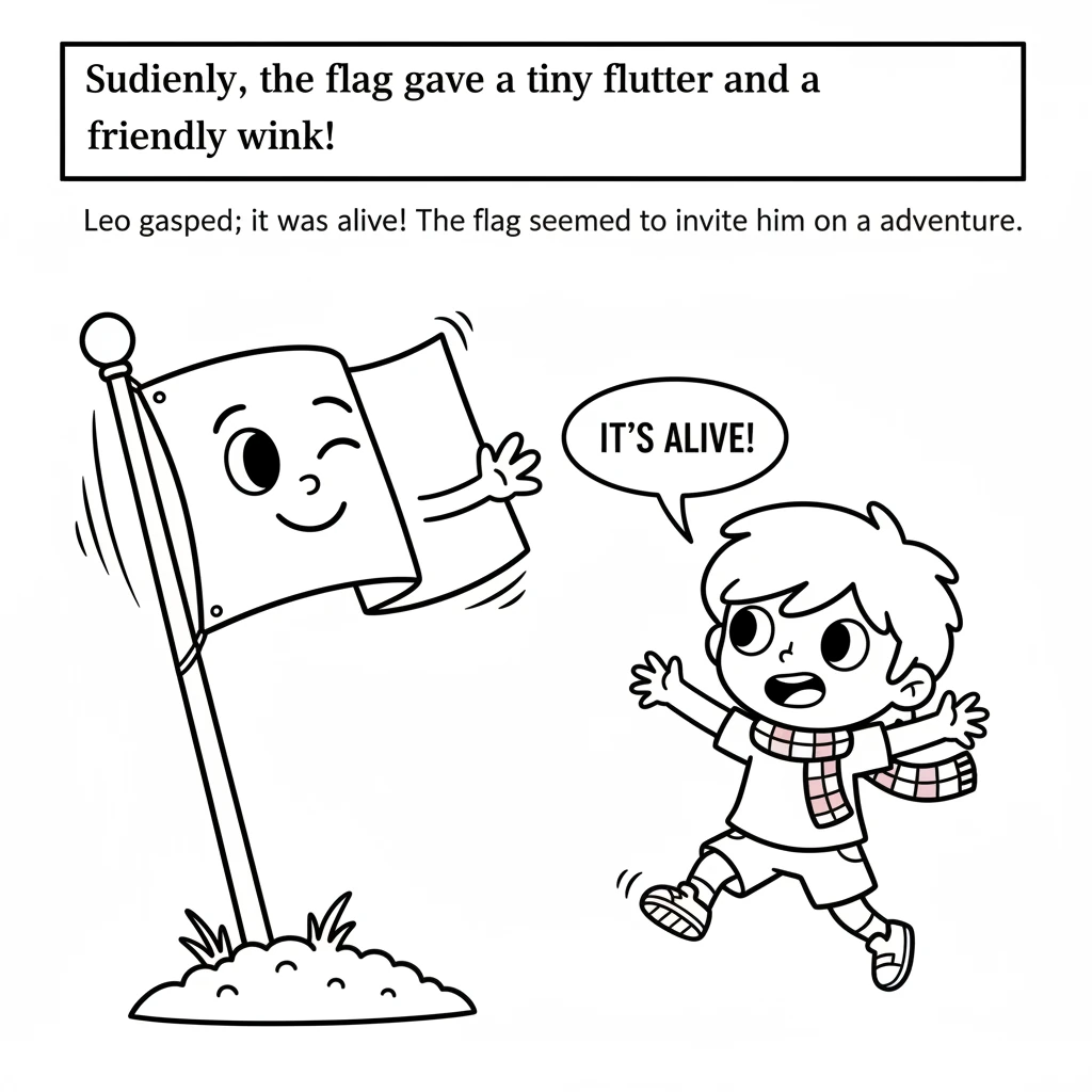 Suddenly, the flag gave a tiny flutter and a friendly wink! Leo gasped; it was alive! The flag seemed to invite him on an adventure.