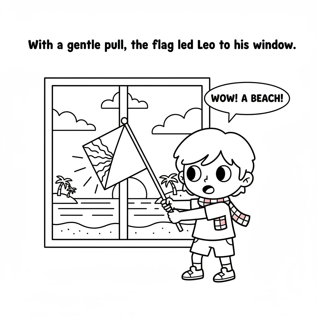 With a gentle pull, the flag led Leo to his window. It shimmered, showing him a vast, sunny beach with a warm, glowing red sunset. The flag's red half