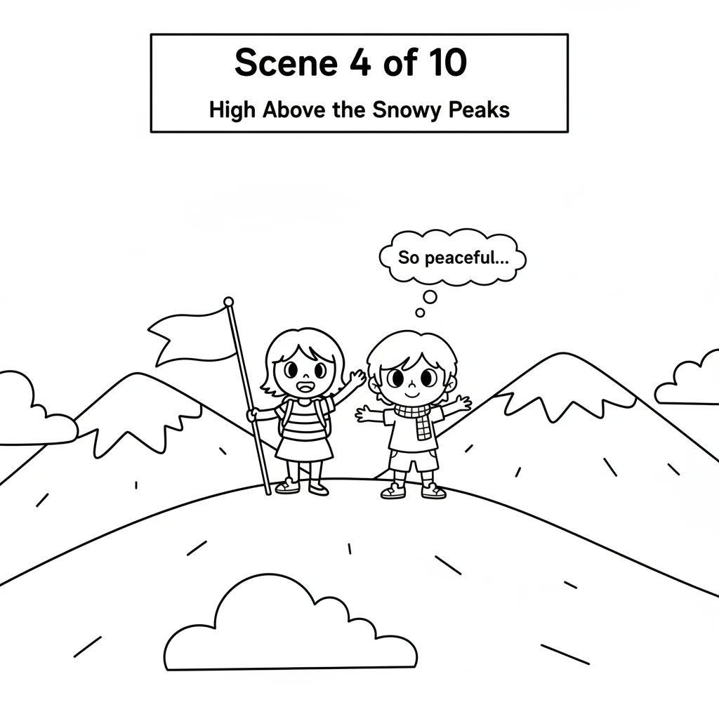 Then, the flag shimmered again, and they were high above snowy mountain peaks. Everything was covered in pure white, just like the flag's other half.