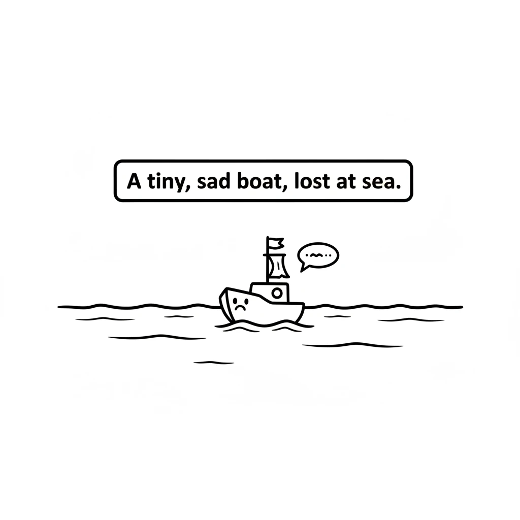 As they looked down, they saw a tiny, sad-looking boat bobbing all alone on the big blue sea. It seemed lost and needed help.