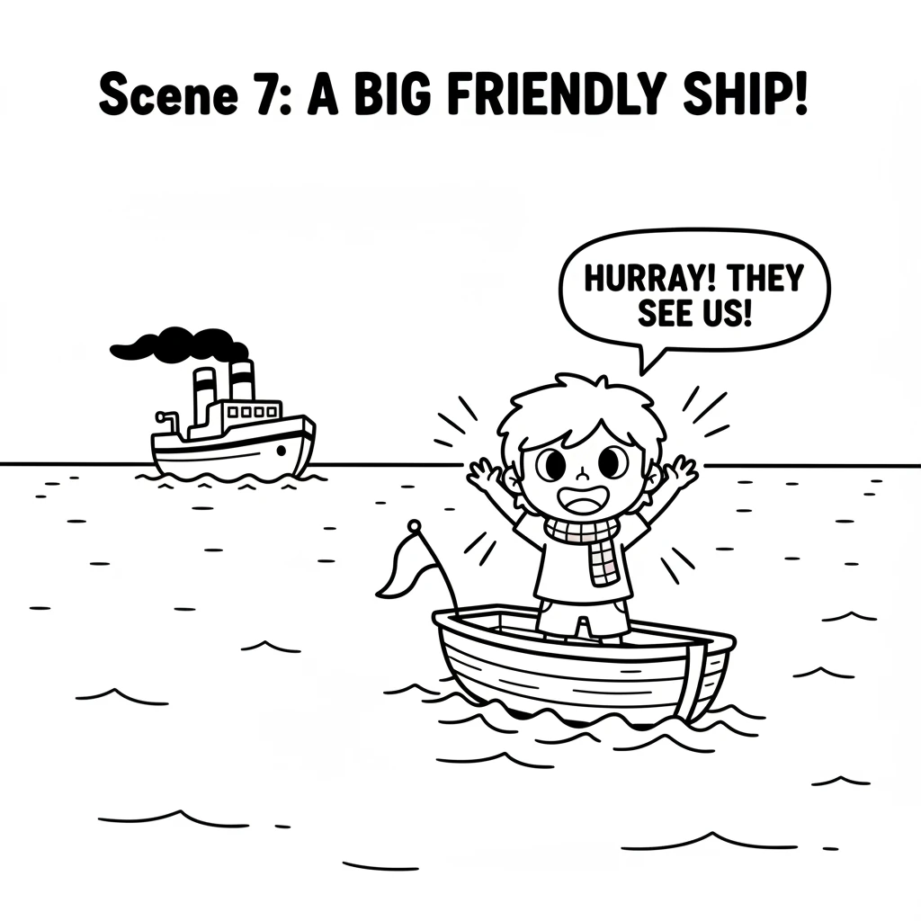 Soon, a big, friendly ship appeared on the horizon! It spotted the red signal and sailed closer to help the little lost boat. Leo cheered!