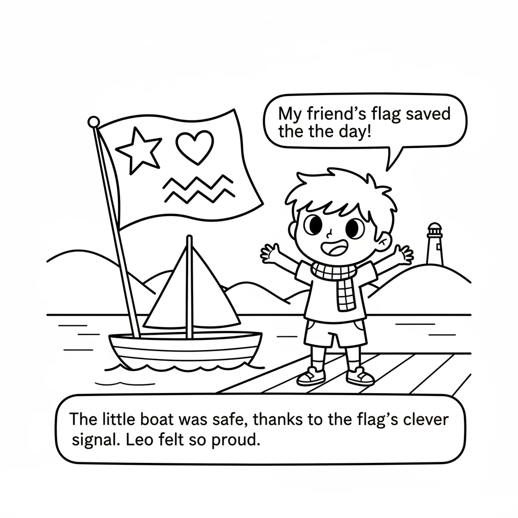 The little boat was safe, thanks to the flag's clever signal. Leo felt so proud of his new friend and its amazing colors.