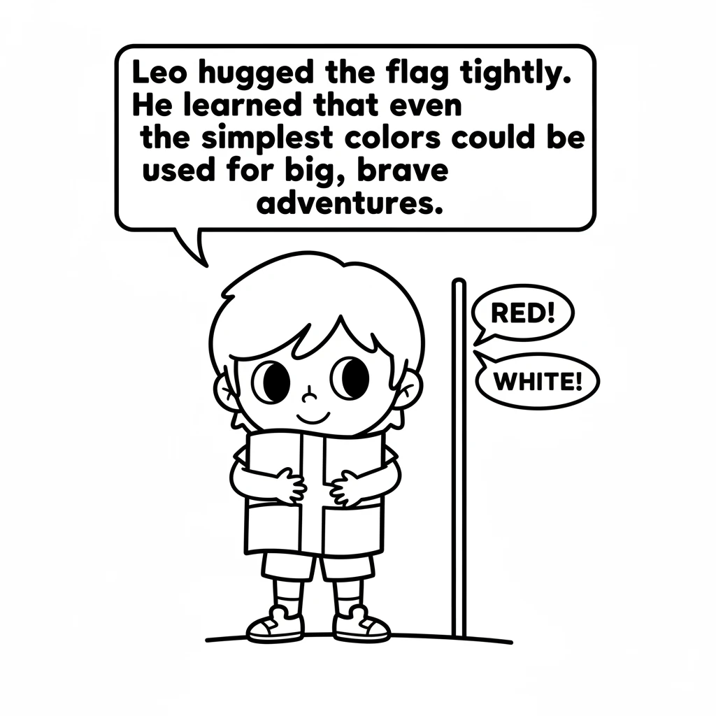 Leo hugged the flag tightly. He learned that even the simplest colors, red and white, could be used for big, brave adventures and helping others.
