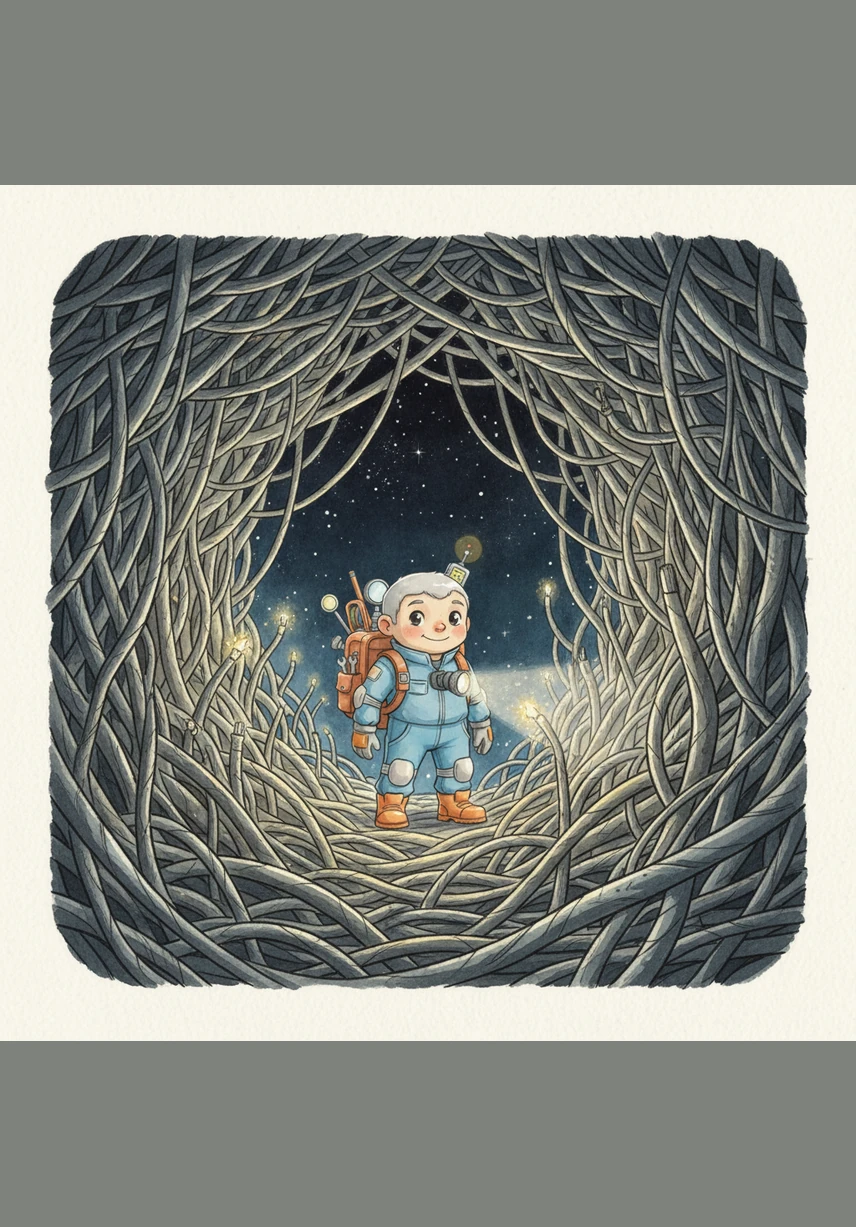 After navigating through a forest of tangled wires, he finds the Start Point, a bright and steady pulse of blue energy. He carefully marks it with a glowing beacon so it can be seen from across the dark void.