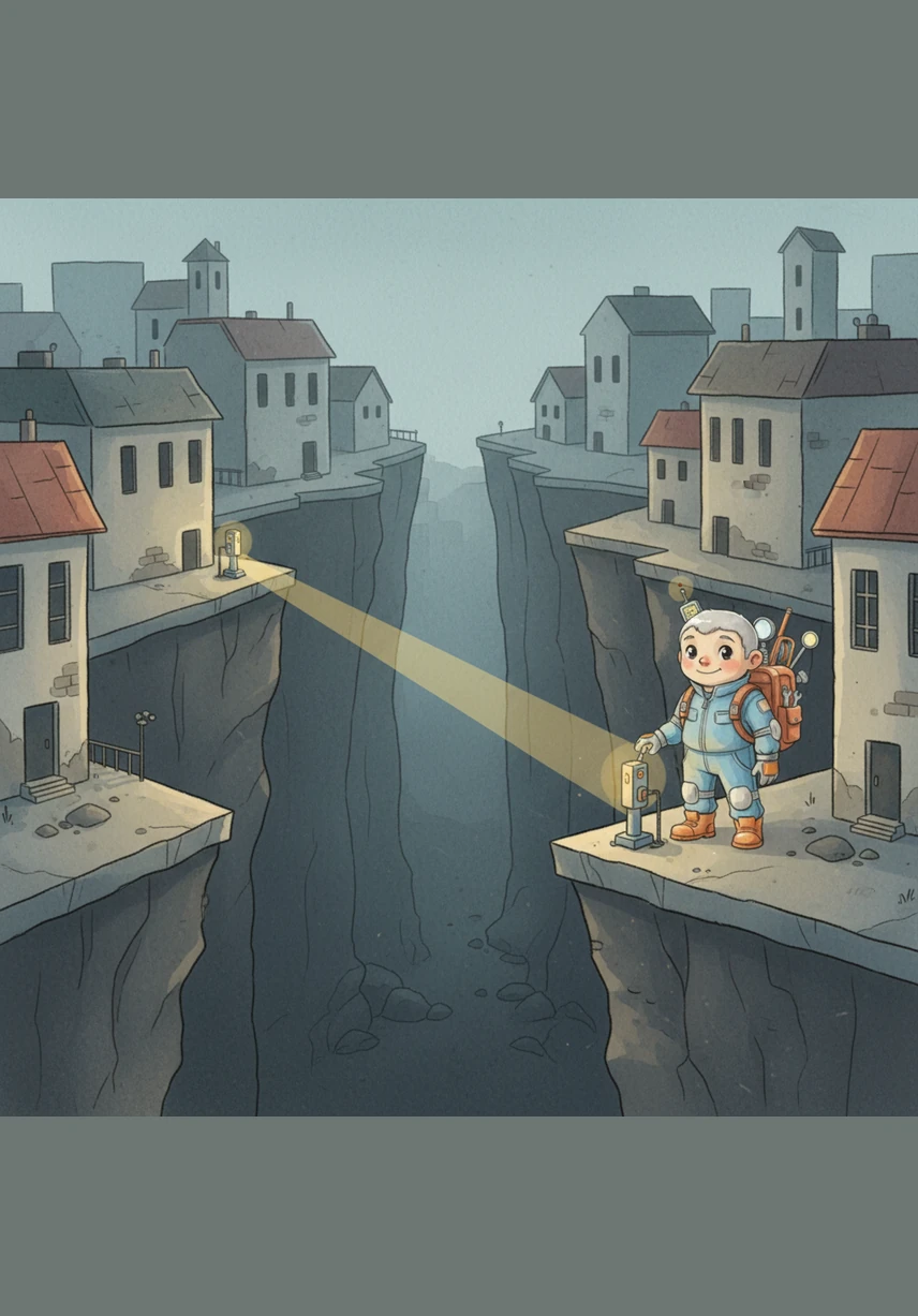 Digit travels further across the silent, empty chasm to find the End Point on the far side of the neighborhood. Once he locates the steady signal, he plants a second beacon, creating a clear line of sight back to the first one.