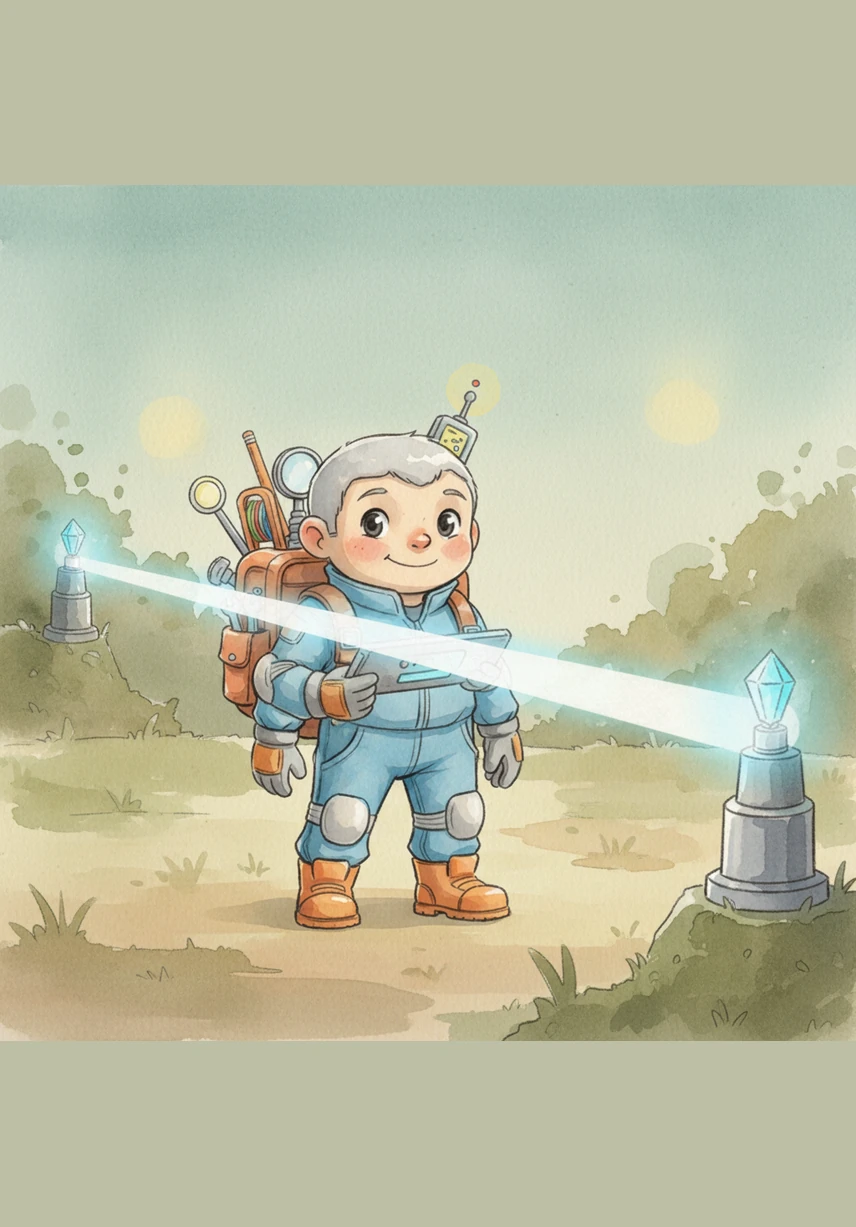 With both points secured, Digit activates the Type 17 protocol on his handheld device. A straight, shimmering beam of pure light begins to stretch between the two beacons, filling the gap with a perfect, calculated path.