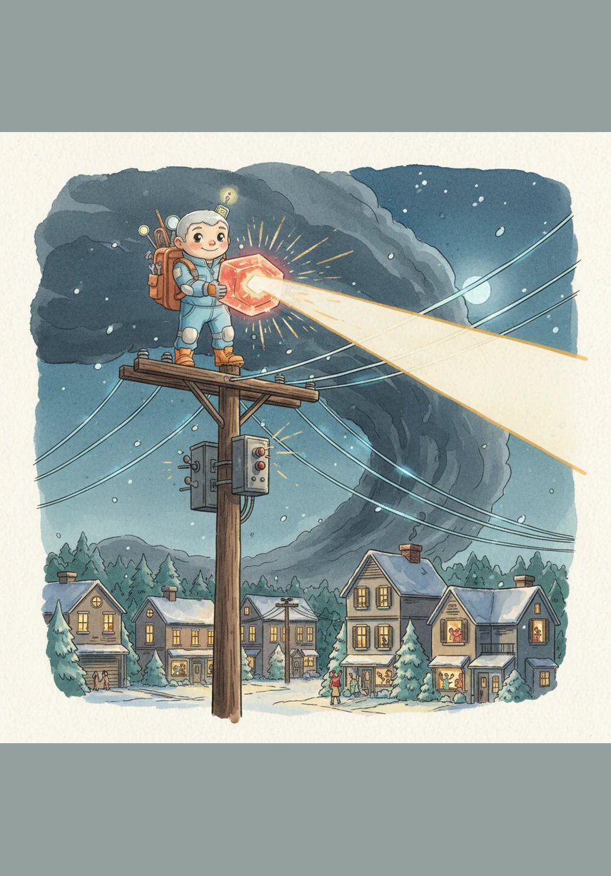 As the beam solidifies, the missing data values are restored and the energy flow resumes its steady, rhythmic pace. The darkness in the neighborhood recedes instantly as streetlamps and windows roar back to life with warmth.