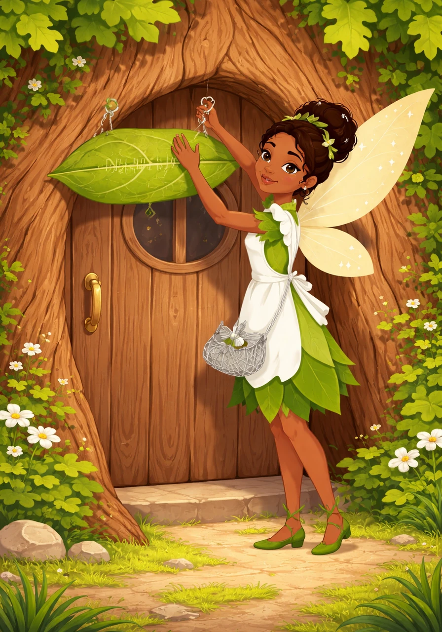 Tiana the fairy stands in front of a hollowed-out oak tree, hanging a sign made of a polished leaf that reads The Petal Clinic. She wears a crisp white apron over her green leaf dress and carries a tiny medical bag woven from silver spider silk.