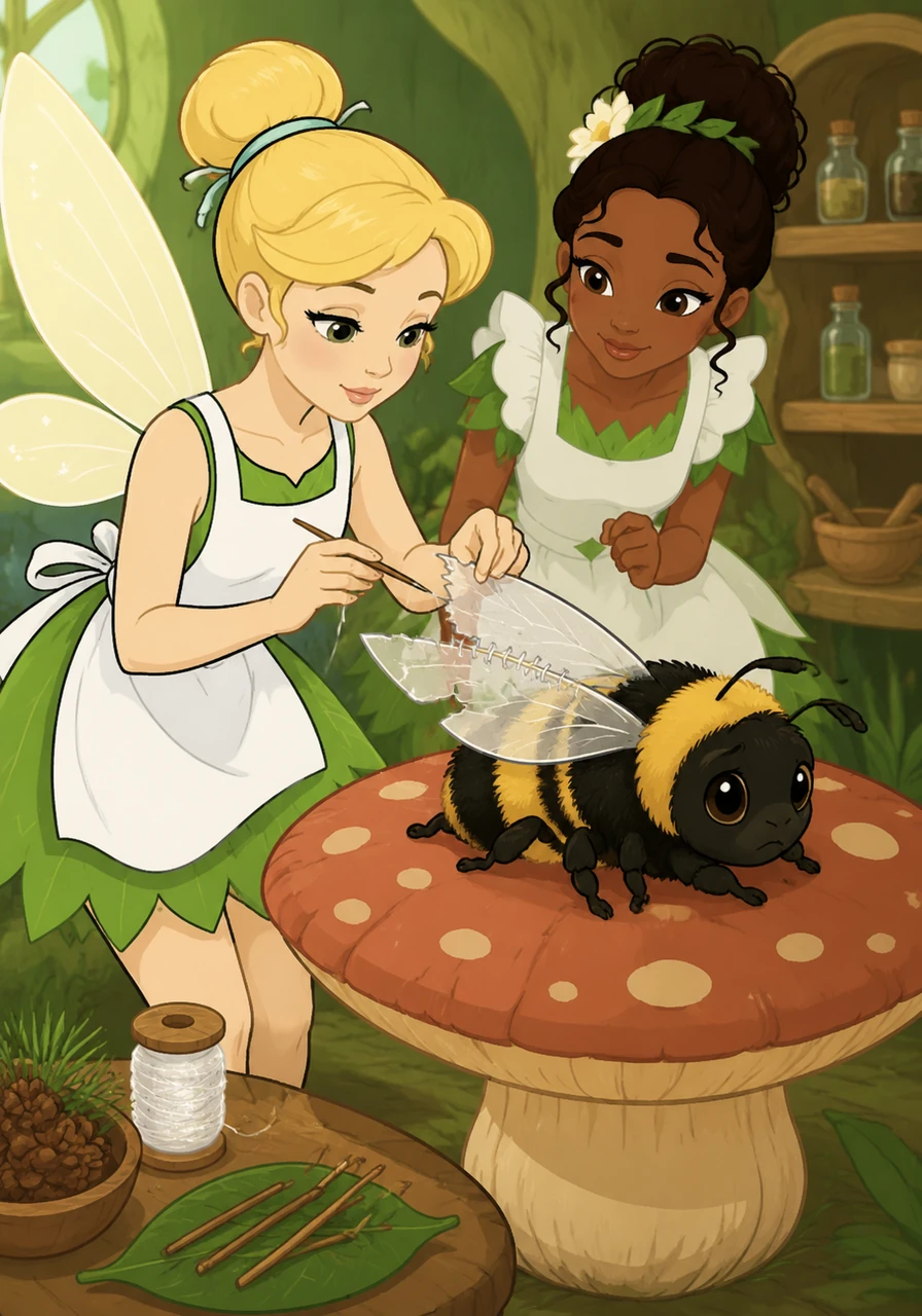 A bumblebee with a jagged tear in its wing lands softly on a mushroom exam table. Tiana uses a fine needle made of a pine prickle and shimmering silk thread to carefully stitch the wing back together while whispering soothing words.